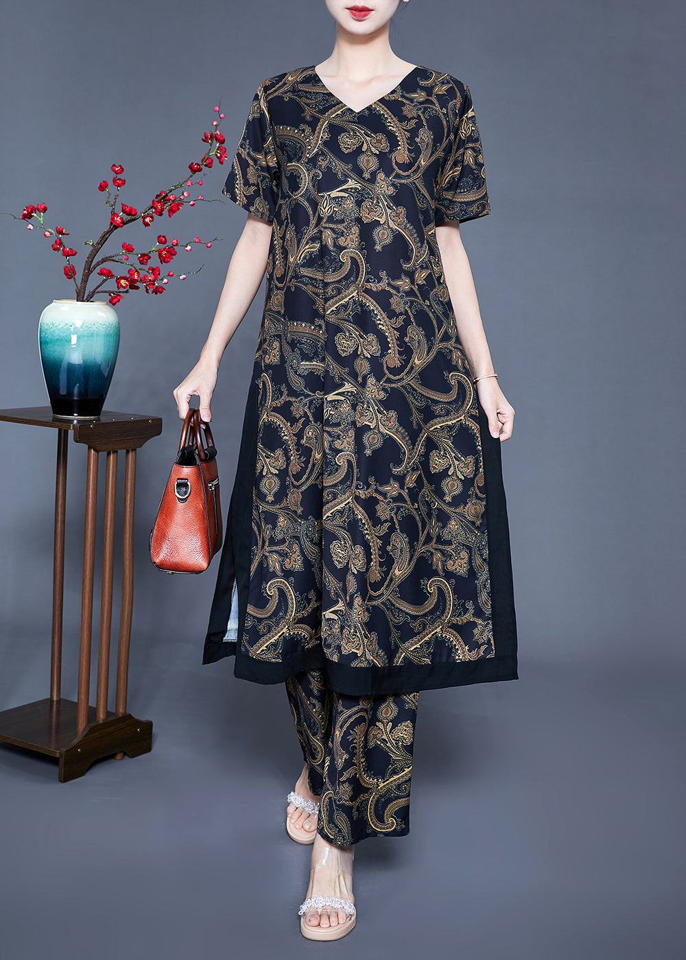 Women Black V Neck Side Open Print Silk Two Pieces Set Summer