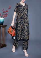 Women Black V Neck Side Open Print Silk Two Pieces Set Summer