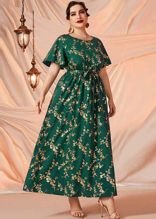 Women Blackish Green Print Tie Waist Patchwork Chiffon Long Dresses Summer