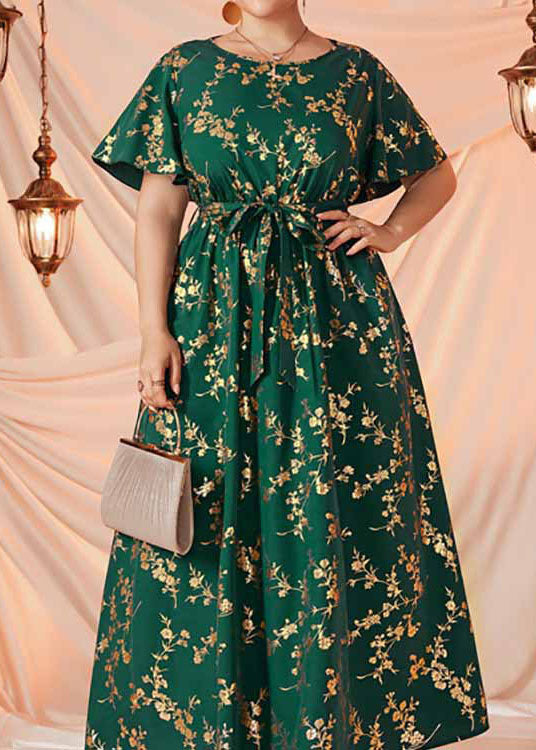 Women Blackish Green Print Tie Waist Patchwork Chiffon Long Dresses Summer