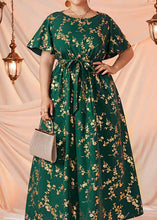 Load image into Gallery viewer, Women Blackish Green Print Tie Waist Patchwork Chiffon Long Dresses Summer