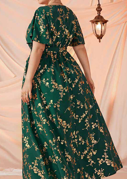Women Blackish Green Print Tie Waist Patchwork Chiffon Long Dresses Summer