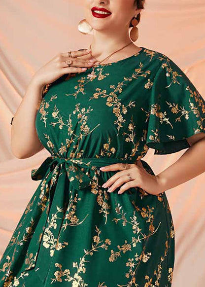 Women Blackish Green Print Tie Waist Patchwork Chiffon Long Dresses Summer