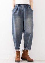 Load image into Gallery viewer, Women Blue Elastic Waist Pockets Harem Fall Denim Pants