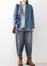 Load image into Gallery viewer, Women Blue Elastic Waist Pockets Harem Fall Denim Pants