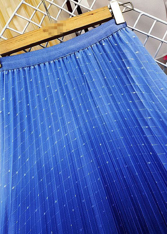 Women Blue Elastic Waist Sequins Gradient Color Tulle Pleated Skirt Spring
