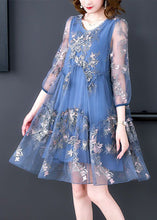 Load image into Gallery viewer, Women Blue Embroideried Patchwork Ruffled Tulle A Line Dress Summer