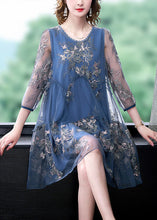 Load image into Gallery viewer, Women Blue Embroideried Patchwork Ruffled Tulle A Line Dress Summer