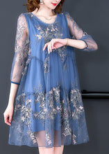 Load image into Gallery viewer, Women Blue Embroideried Patchwork Ruffled Tulle A Line Dress Summer