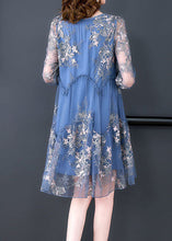 Load image into Gallery viewer, Women Blue Embroideried Patchwork Ruffled Tulle A Line Dress Summer