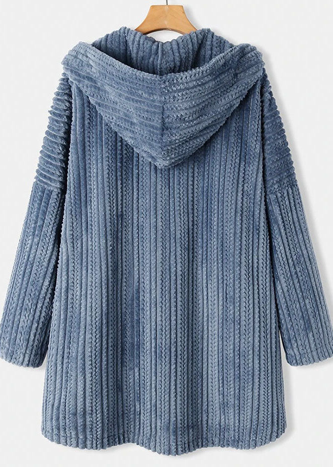 Women Blue Hooded Button Pockets Patchwork 30% Cashmere Coats Fall