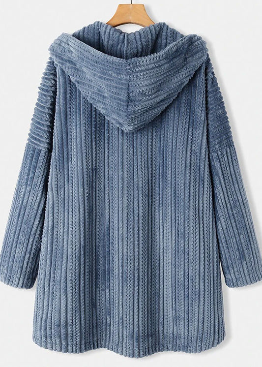 Women Blue Hooded Button Pockets Patchwork 30% Cashmere Coats Fall