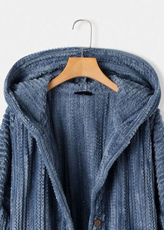 Women Blue Hooded Button Pockets Patchwork 30% Cashmere Coats Fall