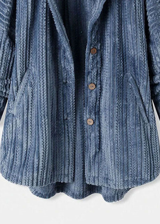 Women Blue Hooded Button Pockets Patchwork 30% Cashmere Coats Fall