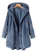 Women Blue Hooded Button Pockets Patchwork 30% Cashmere Coats Fall