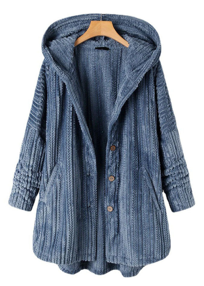 Women Blue Hooded Button Pockets Patchwork 30% Cashmere Coats Fall