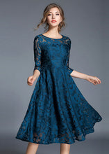 Load image into Gallery viewer, Women Blue Jacquard Wrinkled Patchwork Lace Mid Dress Summer