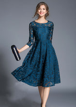 Load image into Gallery viewer, Women Blue Jacquard Wrinkled Patchwork Lace Mid Dress Summer