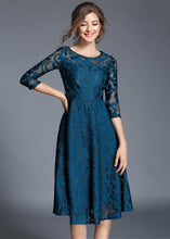 Load image into Gallery viewer, Women Blue Jacquard Wrinkled Patchwork Lace Mid Dress Summer