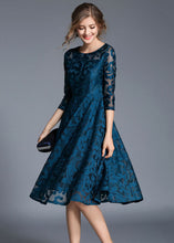 Load image into Gallery viewer, Women Blue Jacquard Wrinkled Patchwork Lace Mid Dress Summer
