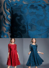 Load image into Gallery viewer, Women Blue Jacquard Wrinkled Patchwork Lace Mid Dress Summer