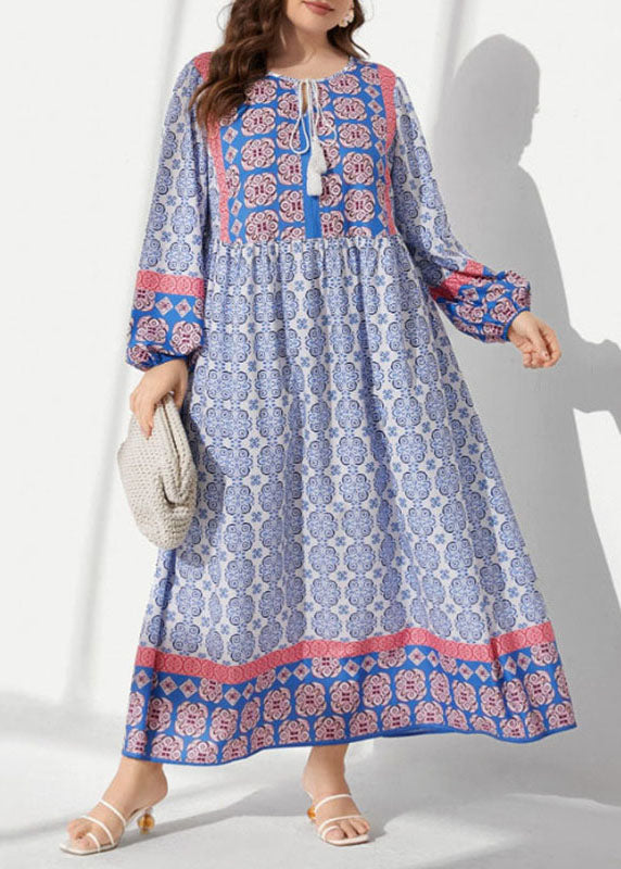 Women Blue O Neck Lace Up Print Patchwork Cotton Long Dress Fall