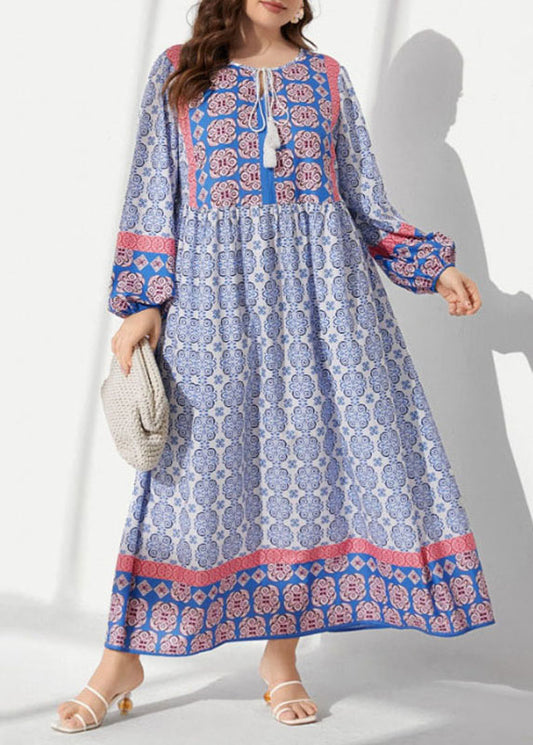 Women Blue O Neck Lace Up Print Patchwork Cotton Long Dress Fall