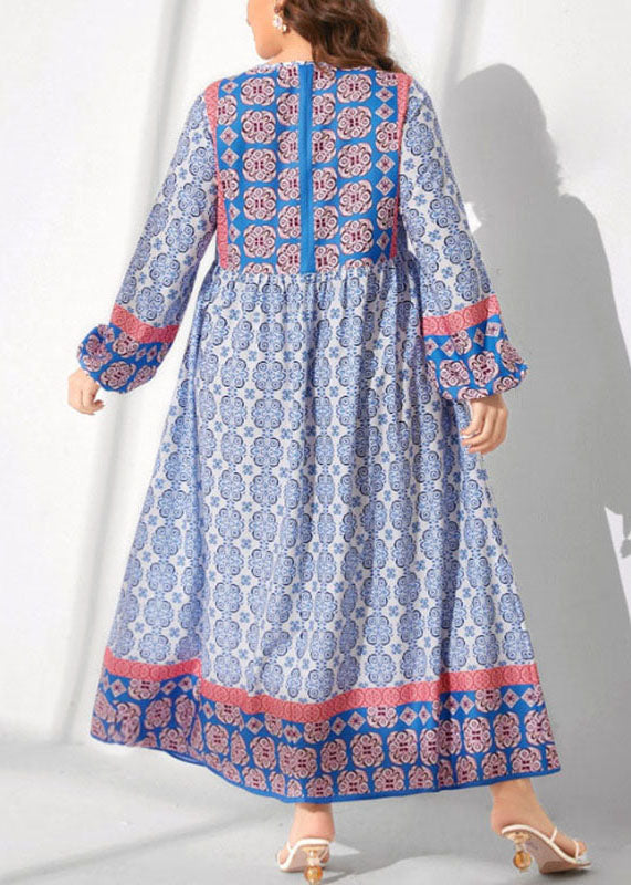Women Blue O Neck Lace Up Print Patchwork Cotton Long Dress Fall