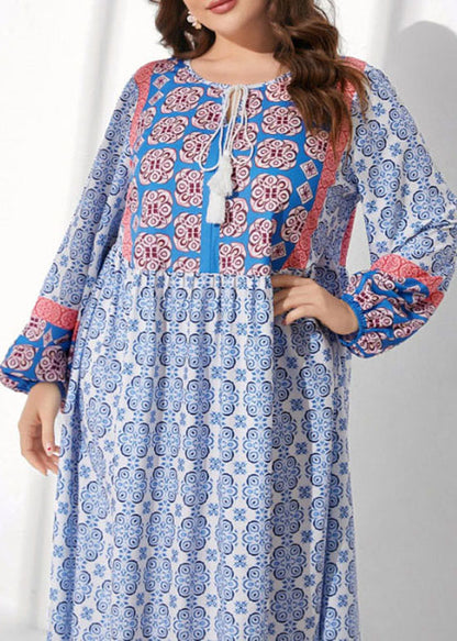 Women Blue O Neck Lace Up Print Patchwork Cotton Long Dress Fall