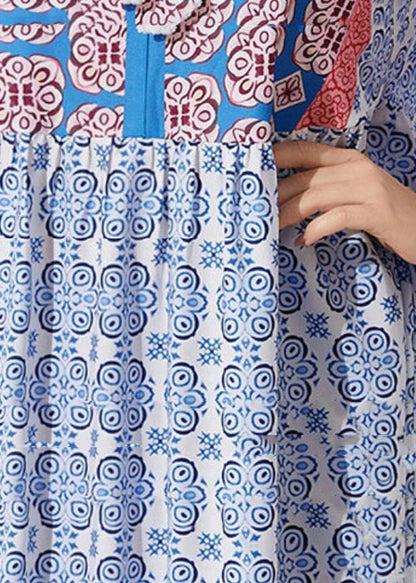 Women Blue O Neck Lace Up Print Patchwork Cotton Long Dress Fall