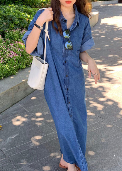 Women Blue Peter Pan Collar Patchwork Denim Shirts Dresses Summer