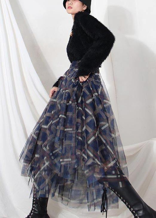 Women Blue Plaid zippered A Line Skirt Summer