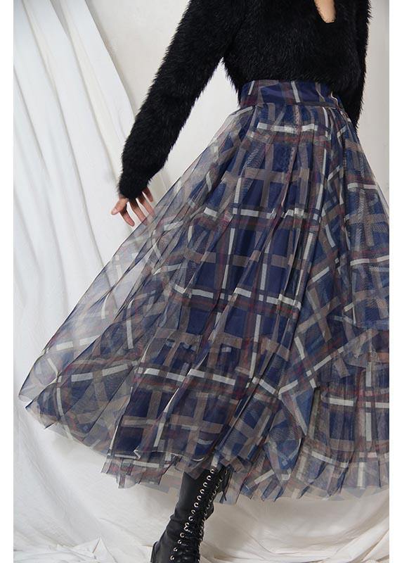 Women Blue Plaid zippered A Line Skirt Summer