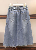 Women Blue Pockets Elastic Waist Patchwork Denim Skirt Summer