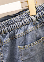 Women Blue Pockets Elastic Waist Patchwork Denim Skirt Summer