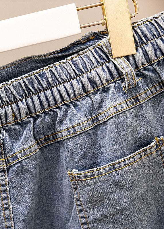 Women Blue Pockets Elastic Waist Patchwork Denim Skirt Summer