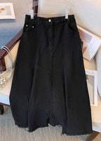 Women Blue Pockets Side Open Patchwork Denim Skirts Summer