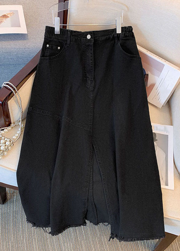 Women Blue Pockets Side Open Patchwork Denim Skirts Summer