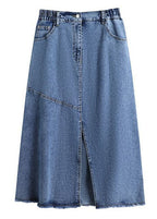 Women Blue Pockets Side Open Patchwork Denim Skirts Summer