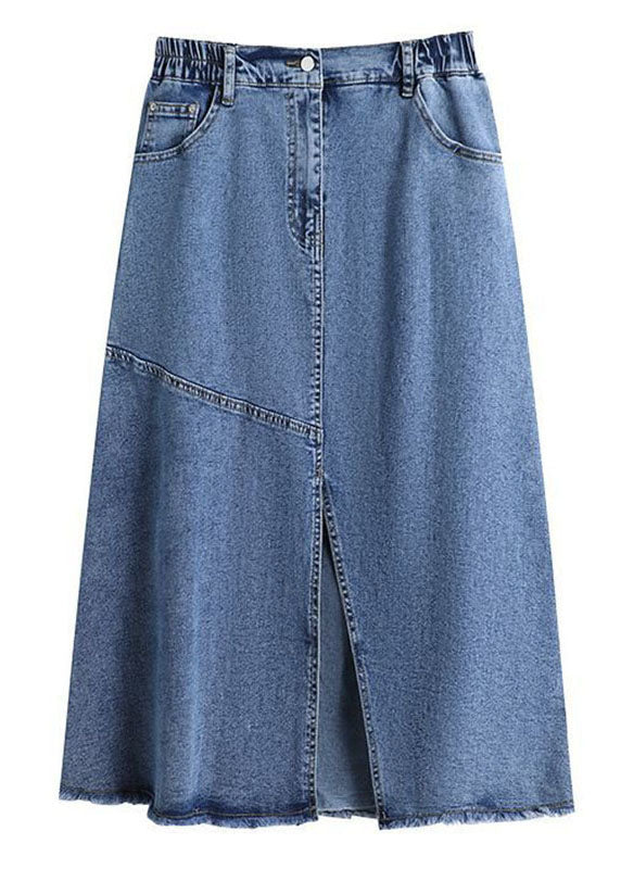 Women Blue Pockets Side Open Patchwork Denim Skirts Summer