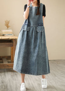 Women Blue Pockets Wrinkled Patchwork Denim Dresses Summer