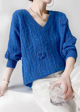 Load image into Gallery viewer, Women Blue V Neck Oversized Floral Cable Knit Sweater Winter