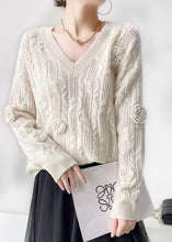 Load image into Gallery viewer, Women Blue V Neck Oversized Floral Cable Knit Sweater Winter