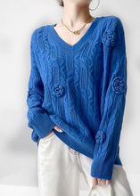 Load image into Gallery viewer, Women Blue V Neck Oversized Floral Cable Knit Sweater Winter