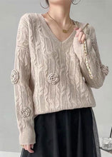 Load image into Gallery viewer, Women Blue V Neck Oversized Floral Cable Knit Sweater Winter
