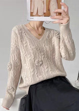 Load image into Gallery viewer, Women Blue V Neck Oversized Floral Cable Knit Sweater Winter