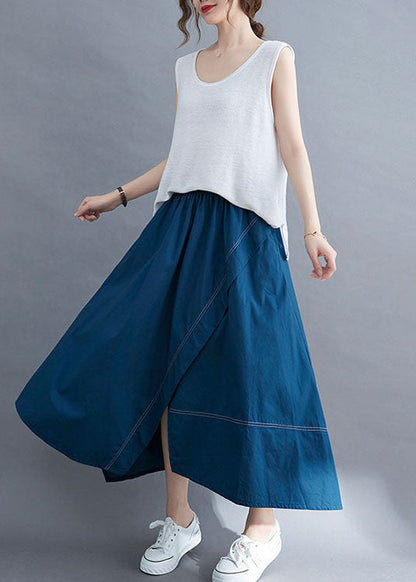 Women Blue Wrinkled Asymmetrical Patchwork Cotton Skirts Summer