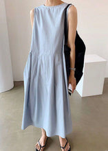 Load image into Gallery viewer, Women Blue Wrinkled Button Patchwork Wear On Both Sides Cotton Dresses Sleeveless