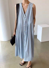 Load image into Gallery viewer, Women Blue Wrinkled Button Patchwork Wear On Both Sides Cotton Dresses Sleeveless
