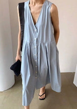 Load image into Gallery viewer, Women Blue Wrinkled Button Patchwork Wear On Both Sides Cotton Dresses Sleeveless